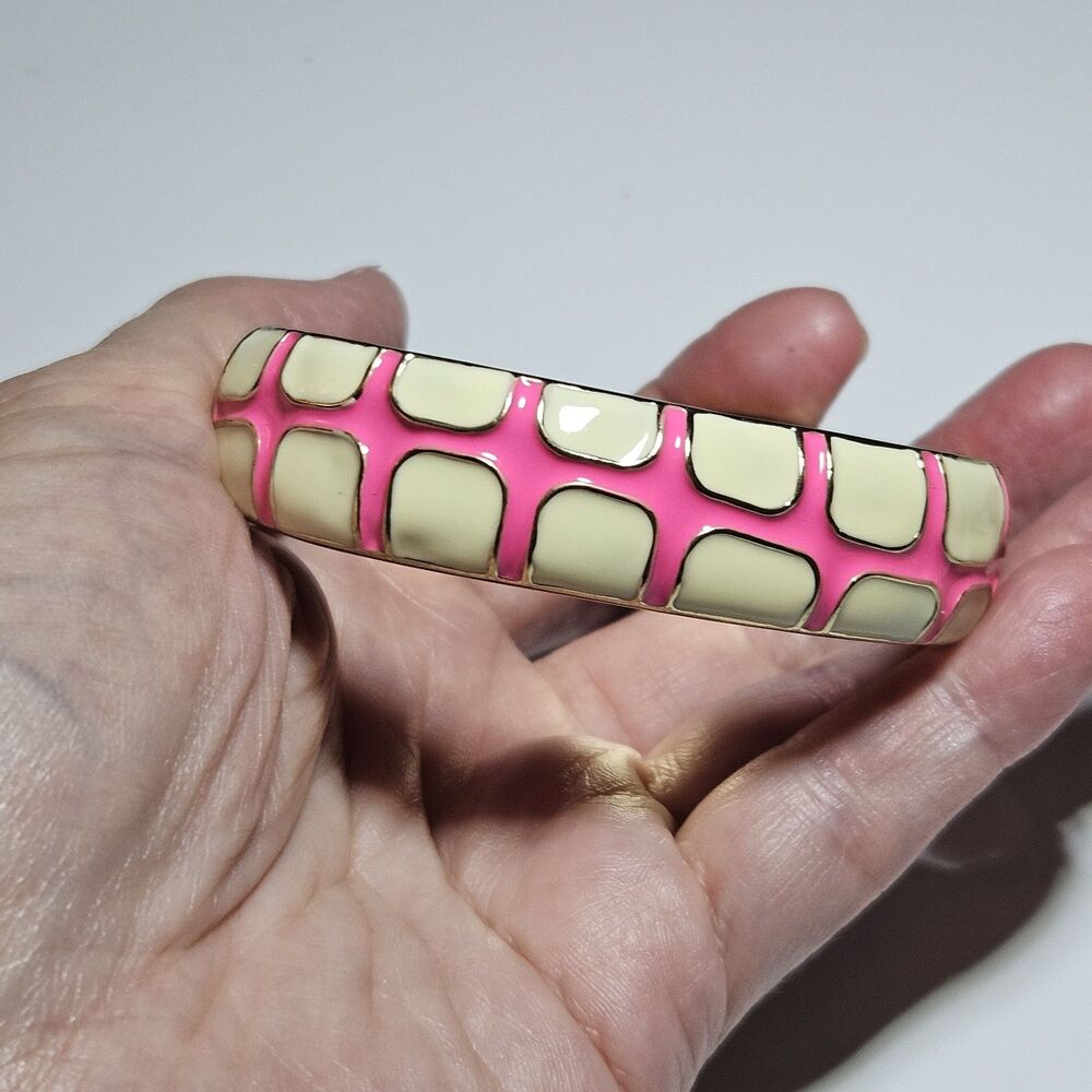 FORNASH Gold Tone, Pink & White Enamel Hinge Bracelet Approx 7"